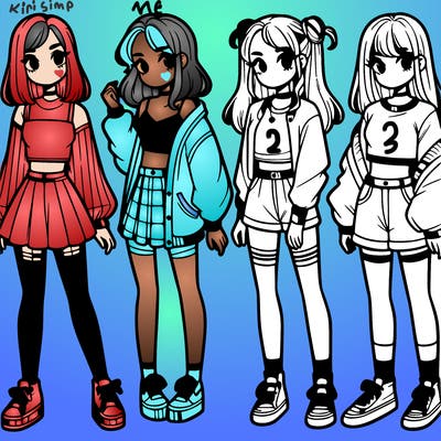 one girl with crop-top shirt and a jacket with a skirt, long socks and another girl with a shirt and pants with a jacket