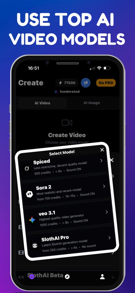 A mobile interface showing various AI video models available for selection in the Funderated app.