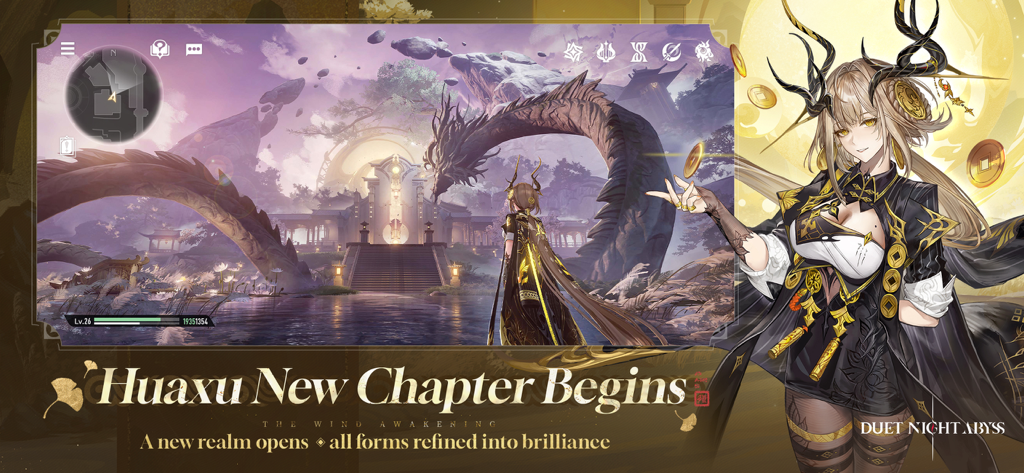 Duet Night Abyss - Arte promocional de Duet Night Abyss que muestra un personaje de anime con cuernos y una gran estatua de dragón en un mundo de fantasía.