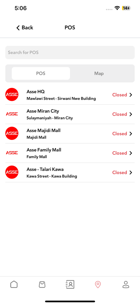 A list of Asse Online physical point of sale locations showing their status and street addresses