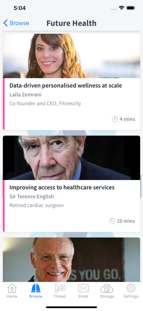 my Doctors.net.uk - Browse screen of the my Doctors.net.uk app displaying medical articles in the Future Health section
