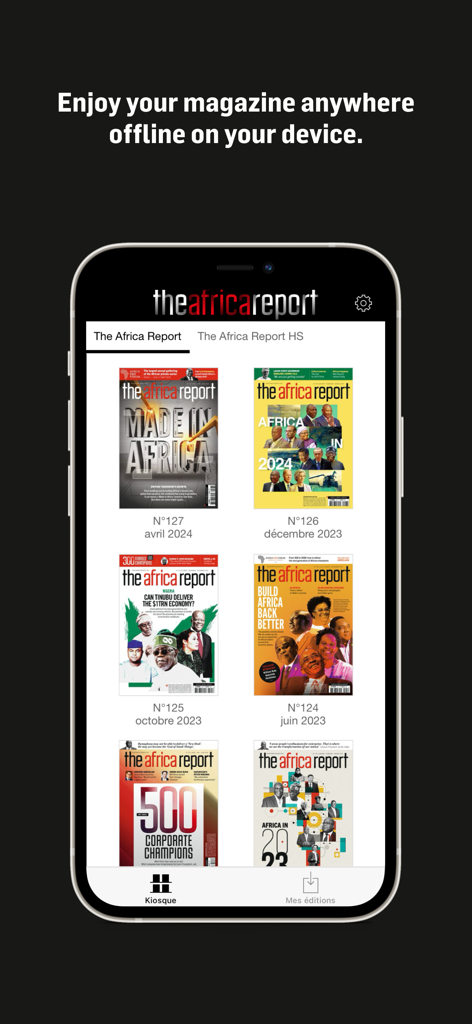 Digital library of The Africa Report magazine issues on a smartphone screen showing the offline reading feature.