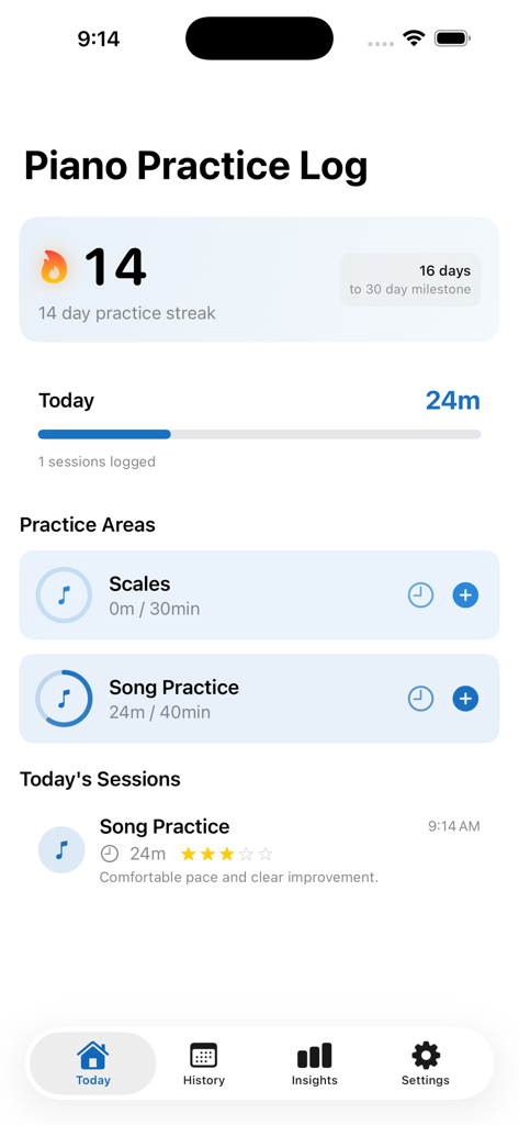 Piano Practice Log - 피아노 연습 기록 앱 대시보드가 연습 연속 기록, 일일 목표 및 세션 기록을 표시합니다.