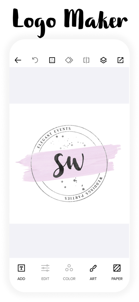 Interface of the Watercolor Logo Maker app showing a wedding event logo with a pink brush stroke and script font