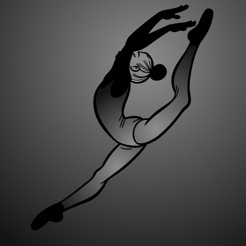 gymnast doing a leap in a leotard with a bent back leg