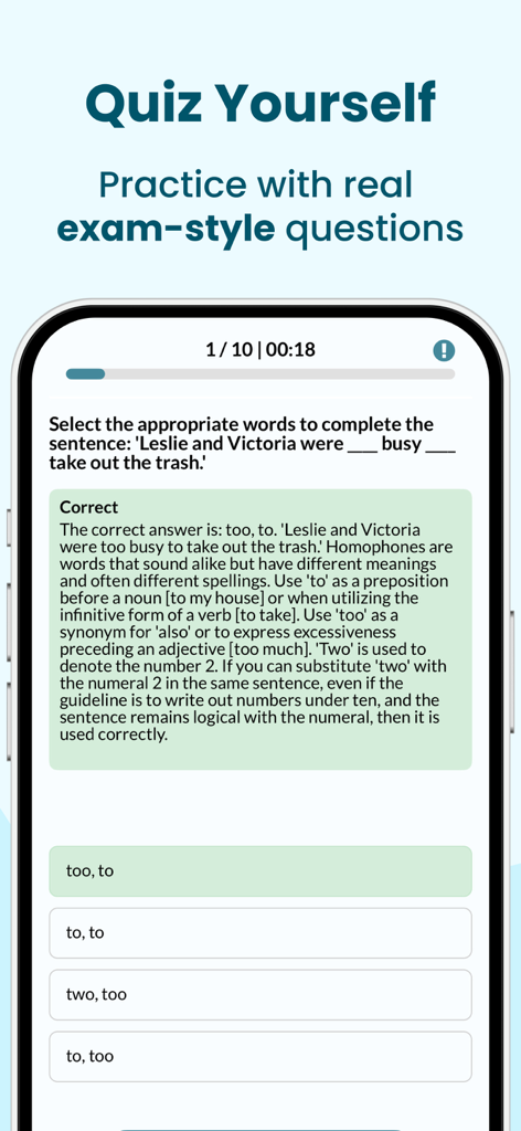 ATI TEAS EXAM PREP | 2026 - Mobile app screenshot showing a grammar quiz question with a detailed correct answer explanation for the ATI TEAS exam