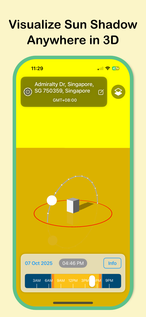 A 3D simulation interface showing the sun path and shadow length on SolarApp