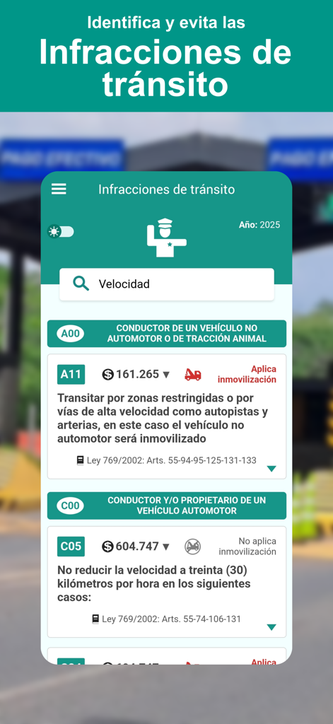 A mobile screen from the Transiteca app showing Colombian traffic violations descriptions and fine amounts.