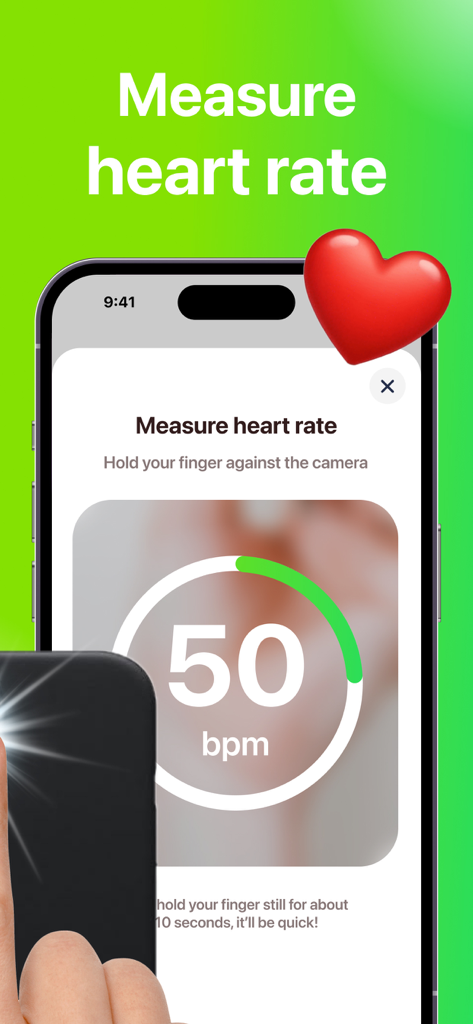 心拍数50 bpmのモバイルインターフェース、カメラに指を当てるように指示が表示される