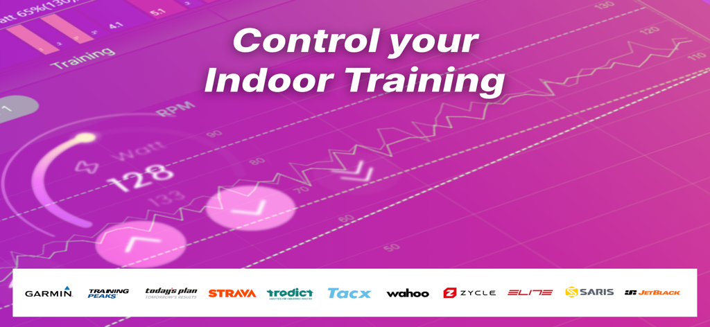 icTrainer: Indoor Cycling App - icTrainer dashboard showing indoor training data and partner logos like Garmin Strava and Wahoo
