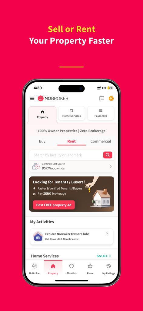NoBroker-App-Startbildschirm mit Optionen zur Immobilienvermietung und zum -verkauf