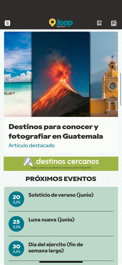 Joop - Joop app home screen displaying photography destinations in Guatemala and a schedule of upcoming events like the summer solstice