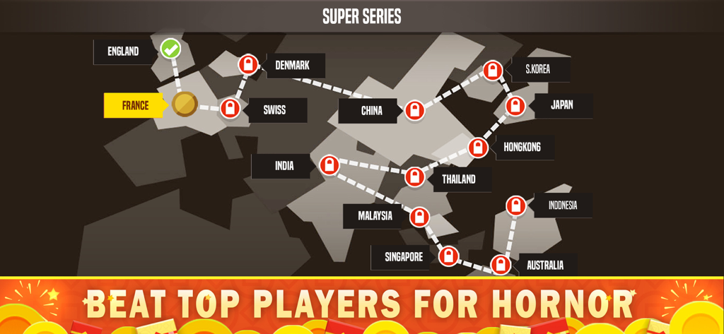 World map screen in Badminton League showing the Super Series tournament path with various countries