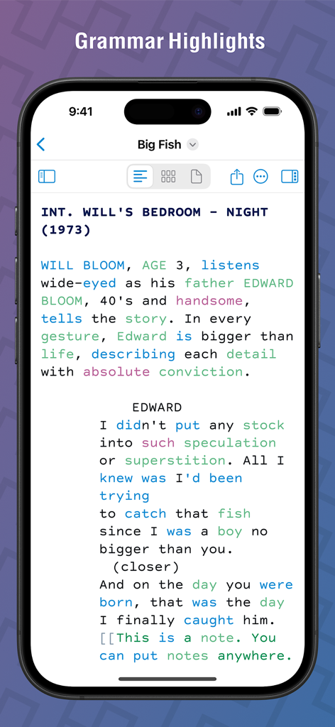 Highland Pro screenwriting app displaying the grammar highlights feature on a script