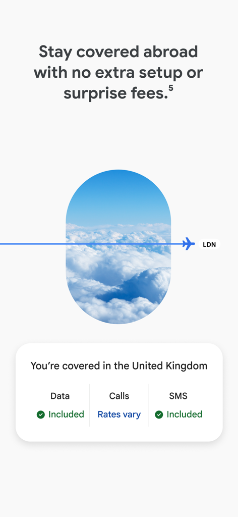 Google Fi App-Oberfläche zeigt internationale Daten- und Textabdeckung im Vereinigten Königreich