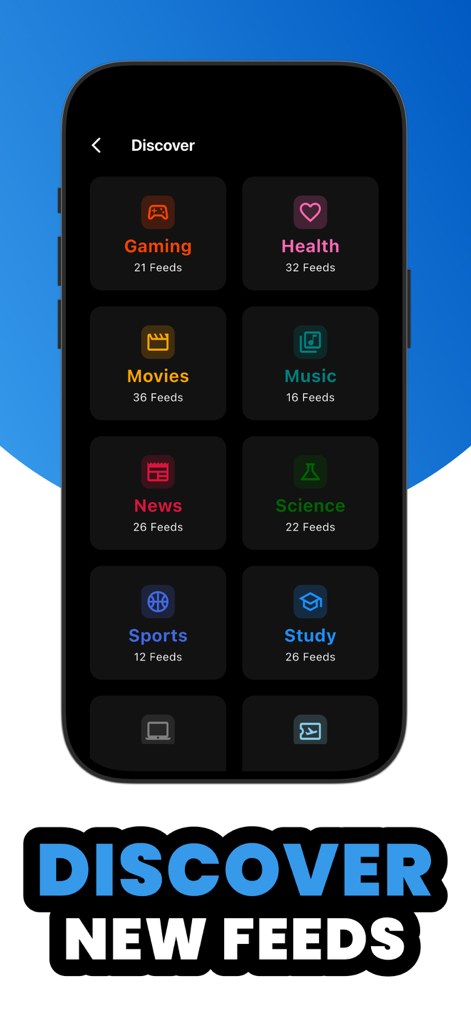 Discover new RSS feeds by category including gaming movies and science in the Your News app
