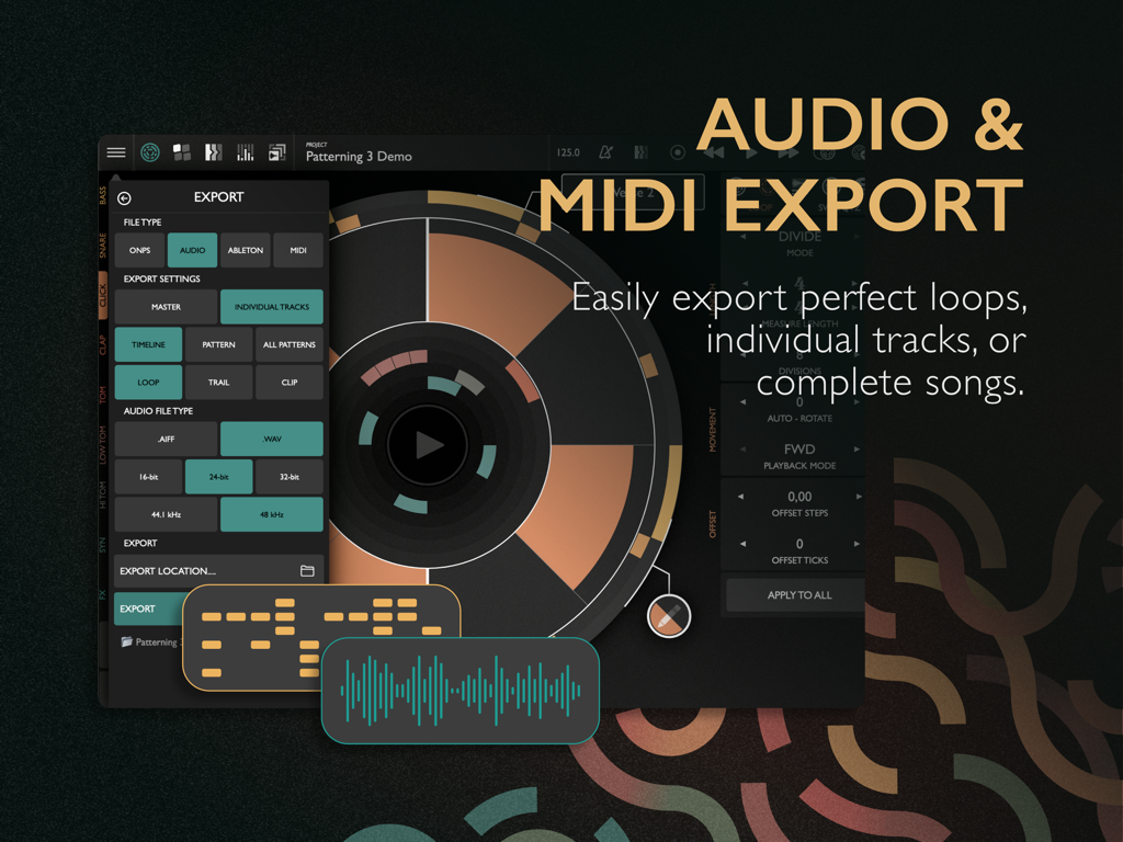 Patterning 3 : Drum Machine - Patterning 3 drum machine app interface showing the audio and MIDI export settings menu