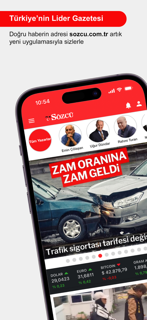 Sözcü Gazetesi - Haberler - Sözcü Gazetesi news app interface showing Turkish news columnists and financial exchange rates on an iPhone