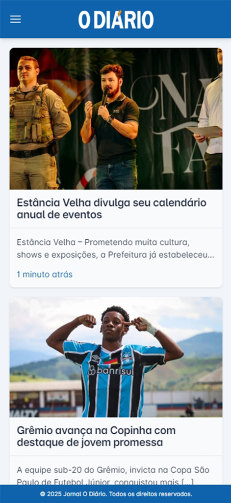 Jornal - O Diário - Feed de notícias do aplicativo Jornal O Diário mostrando eventos locais e notícias esportivas em português.