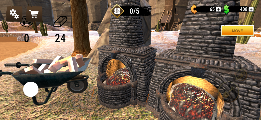 Wild West Miner - Gold Rush 3D - A 3D simulation of gold mining showing stone furnaces smelting ore next to a wheelbarrow filled with gold bars in a desert setting