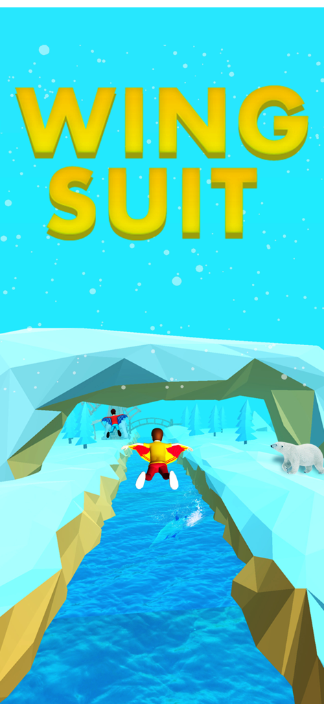 Wingsuit Ride: Skydiving Game - Un volador de wingsuit deslizándose por un paisaje ártico nevado con acantilados de hielo y un oso polar