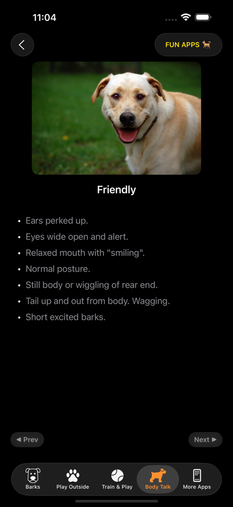 Dog Sounds & Body Talk - Ecrã da aplicação Dog Sounds mostrando traços de linguagem corporal amigáveis e um cão a sorrir