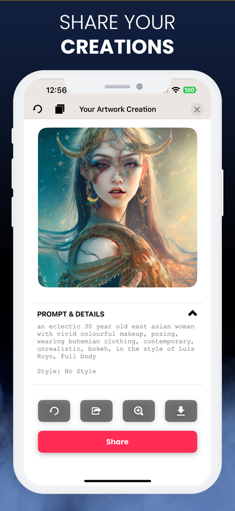Journey AI ® - Journey AI app showing an AI generated portrait with prompt details and a share button
