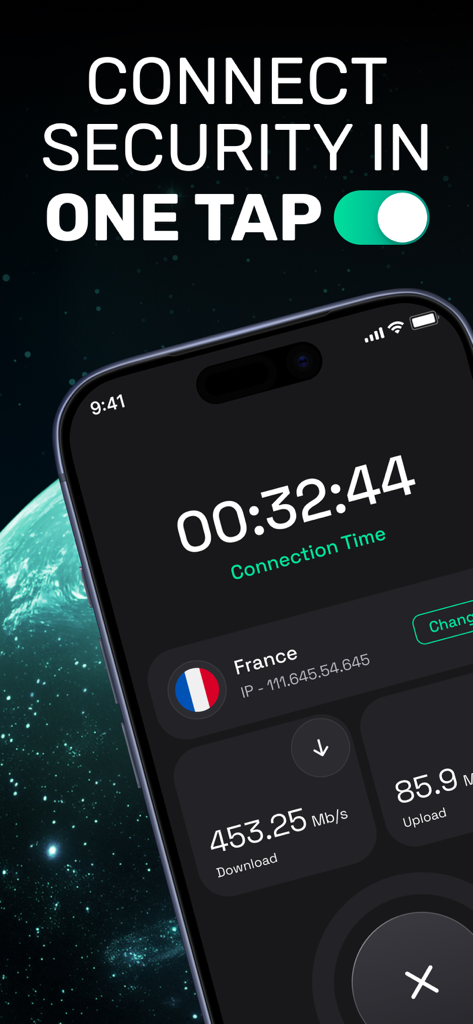DataGuard VPN Master - Pantalla de smartphone mostrando DataGuard VPN Master con una conexión activa a un servidor francés y métricas de datos de alta velocidad