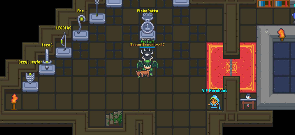World of Solaria - MMORPG - 2D pixel art room with weapon displays and a trophy in World of Solaria