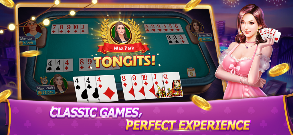 Tongits Deluxe: Fun Card Game - Una captura de pantalla de jugabilidad de Tongits Deluxe que muestra una mesa de cartas digital con varias combinaciones de cartas y avatares de jugadores.