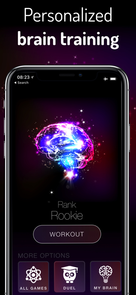 Mobile app interface for personalized brain training with a glowing brain illustration and workout button