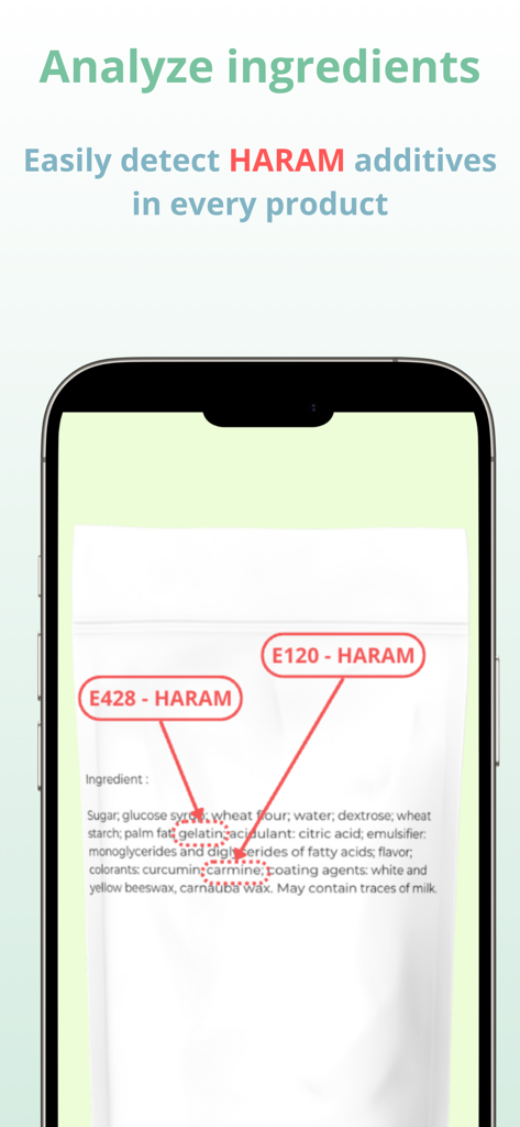 Find Halal food, Scanner Haram - O aplicativo escaneando ingredientes alimentares para detectar aditivos Haram como gelatina e cochonilha