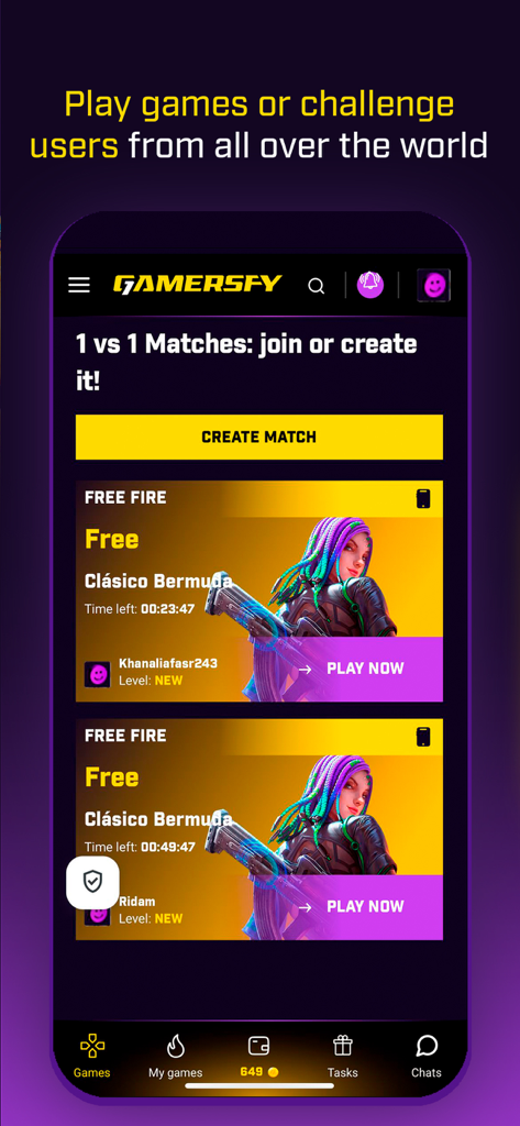 Gamersfy - Gamersfy mobile app interface displaying 1v1 competitive match options for popular games like Free Fire.