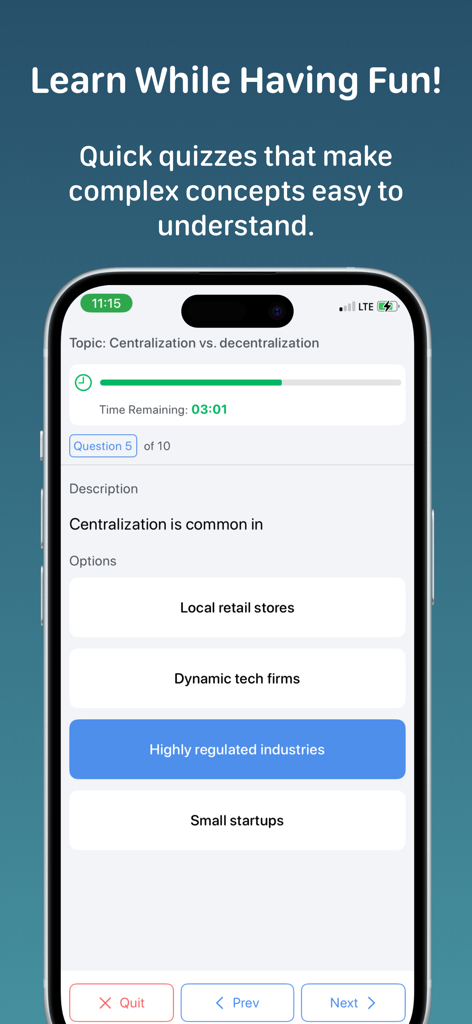 Business Administration - Business administration quiz interface with a question about centralization