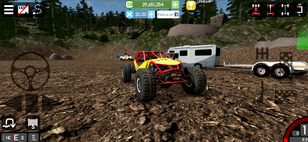 Un buggy rock crawler giallo e rosso personalizzato in un mondo aperto forestale all'interno di Gigabit Offroad.