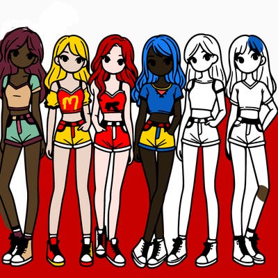 a group of girls wearing crop tops and shorts