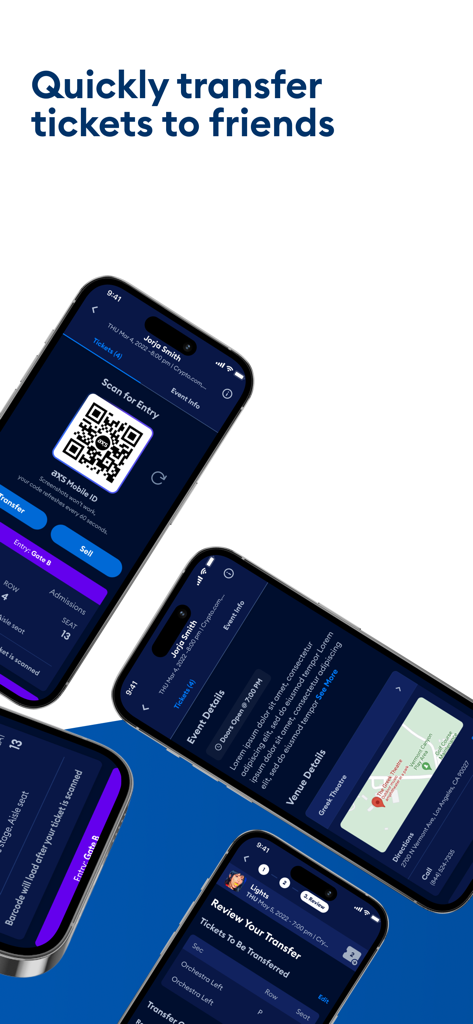 AXS Tickets App-Bildschirme, die die mobile ID für den Einlass, die Veranstaltungsdetails für ein Konzert und eine Seite zur Überprüfung der Ticketübertragung zeigen.