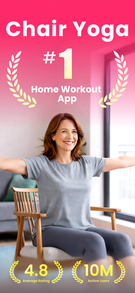 EasyFit AI-Home Workout - Eine Frau praktiziert Stuhl-Yoga zu Hause mit der EasyFit-App-Oberfläche, die hohe Bewertungen und Benutzerzahlen anzeigt
