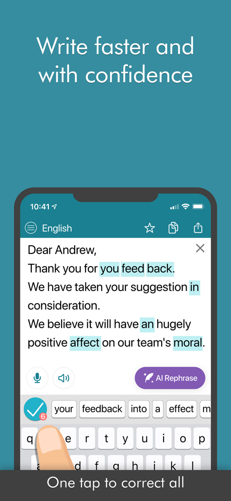 Ginger Writer - Ginger Writer mobile interface demonstrating AI-powered grammar correction and one-tap error fixing for a professional email draft.