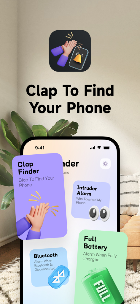 ClapFinder : Clap Find Phone - A mobile app interface for ClapFinder showing features like Clap to Find Your Phone, Intruder Alert, Bluetooth disconnection alarm, and Full Battery notification.