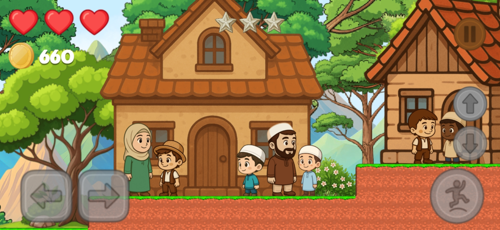 Hamza's Journey - Gameplay of Hamza's Journey showing a 2D village scene with diverse characters and game controls