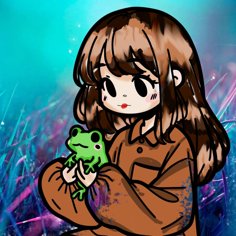 girl with long hair and a oversized shirt. and she is holding a frog