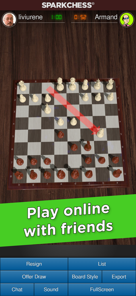 SparkChess Pro - A screenshot of SparkChess Pro showing an online 3D chess match with the text Play online with friends.