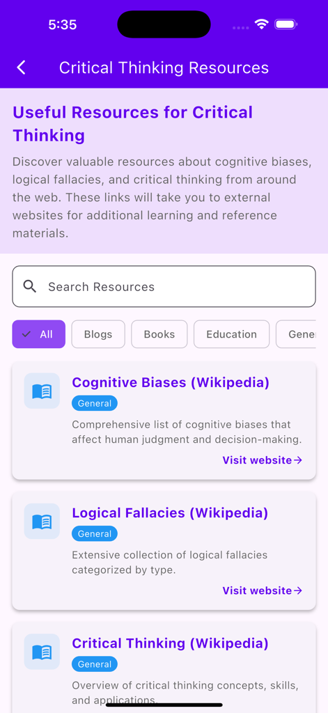 A list of external resources and Wikipedia links for learning about cognitive biases and logical fallacies in the Cognitive Clarity app.