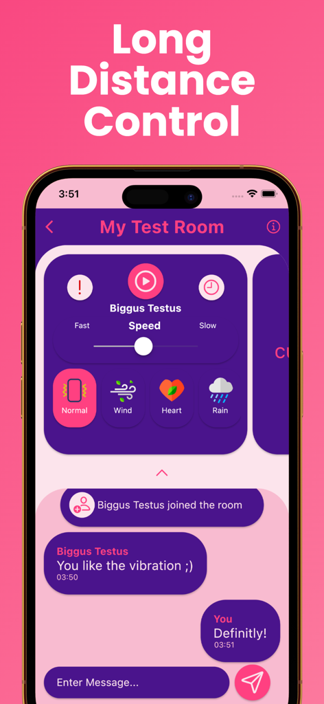 A mobile interface showing long distance vibration control with remote chat and massage mode settings