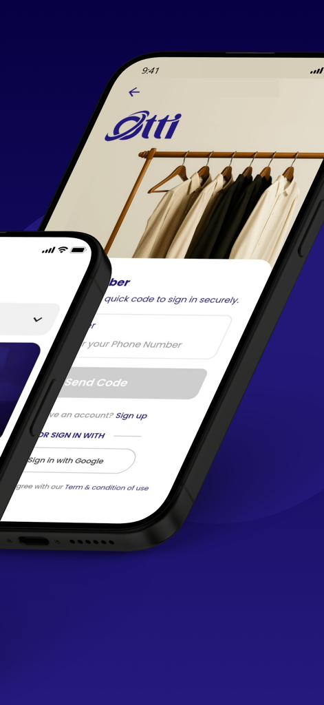 Otti App - Página de inicio de sesión de la app de lavandería Otti mostrando número de teléfono y opciones de inicio de sesión social