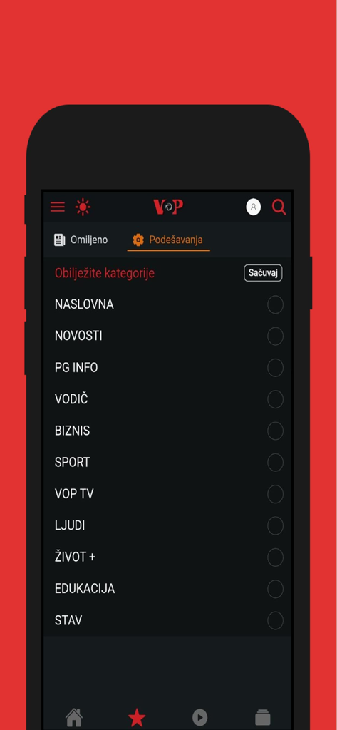 VOP - Settings screen of the VOP mobile app displaying a list of news categories for user selection.