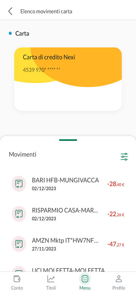 Screenshot of the Mi@ banking app showing Nexi credit card transaction history and expense movements
