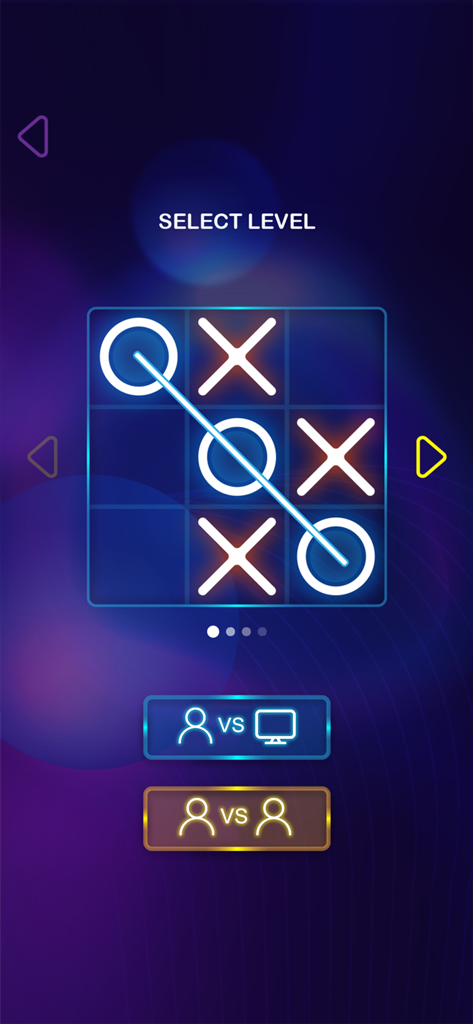 Tic Tac Toe 2 Player: XO Game - Tic Tac Toe XO Game level selection screen with neon glow design and mode options