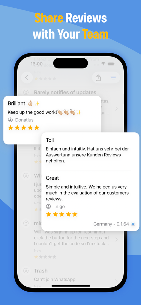 App Reviews - iOS & Android - Tela do iPhone exibindo reviews de usuários com tradução automática e um recurso de compartilhamento para equipes.
